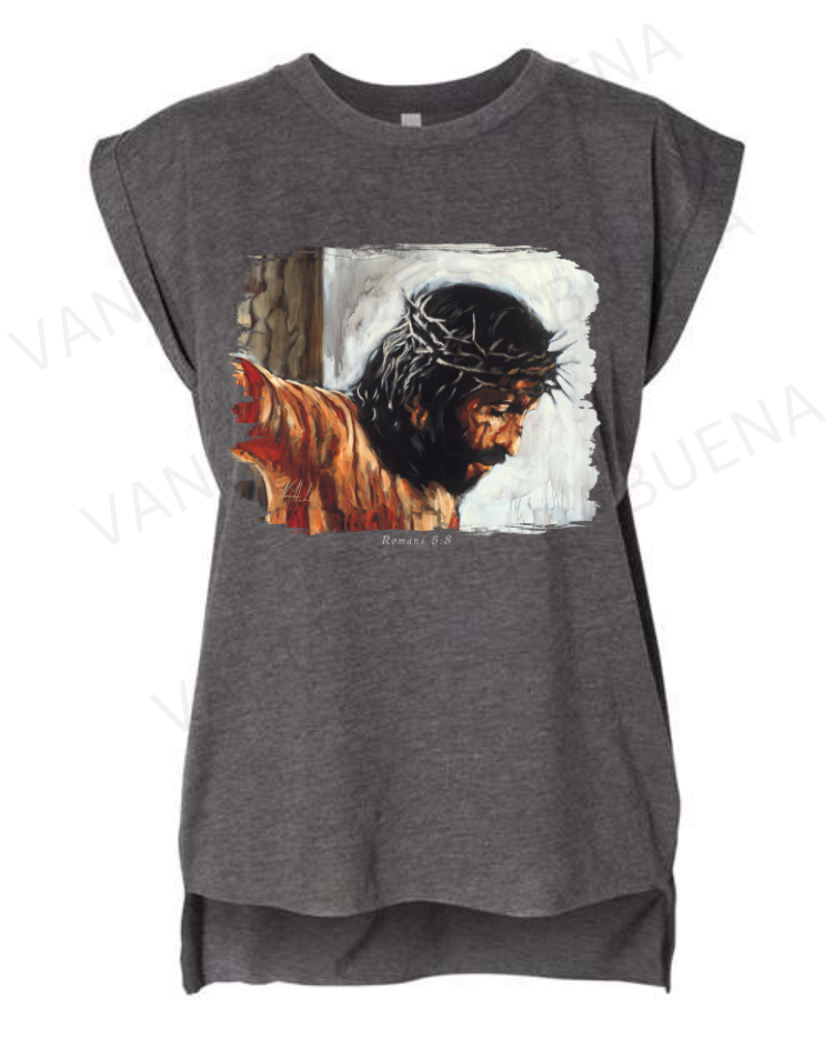 By His Wounds We Are Healed (White Background) - Ladies Rolled Sleeve Muscle T-Shirt Vanessa Horabuena Dark Grey Heather Small