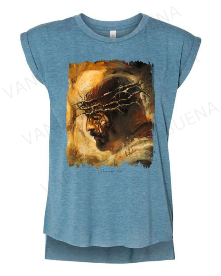 King of Glory - Ladies Rolled Sleeve Muscle T-Shirt Vanessa Horabuena Heather Teal Small