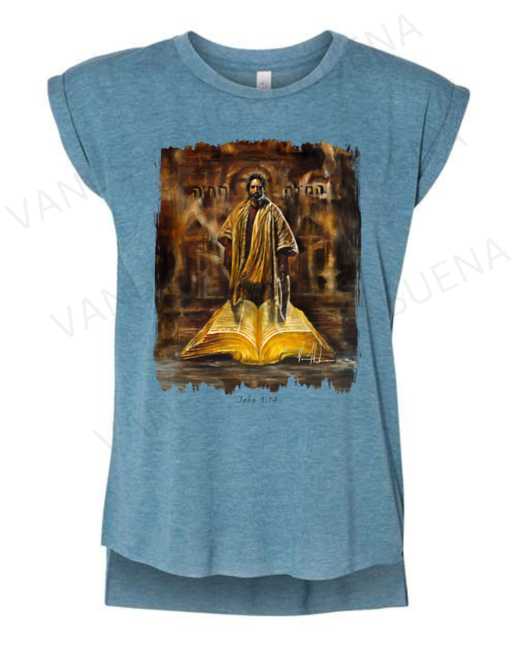 The Living Word - Ladies Rolled Sleeve Muscle T-Shirt Vanessa Horabuena Heather Teal Small