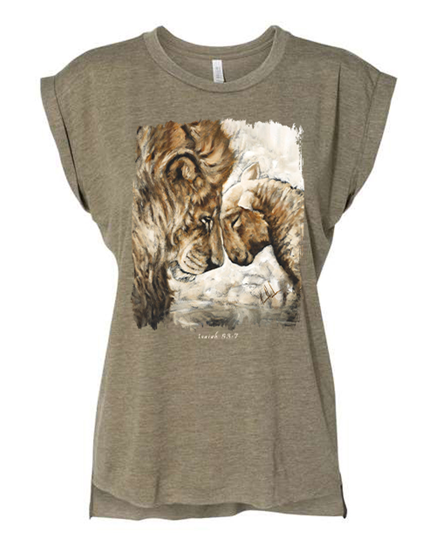 Compassion of a King (White) - Ladies Rolled Sleeve Muscle T-Shirt Vanessa Horabuena Olive Small