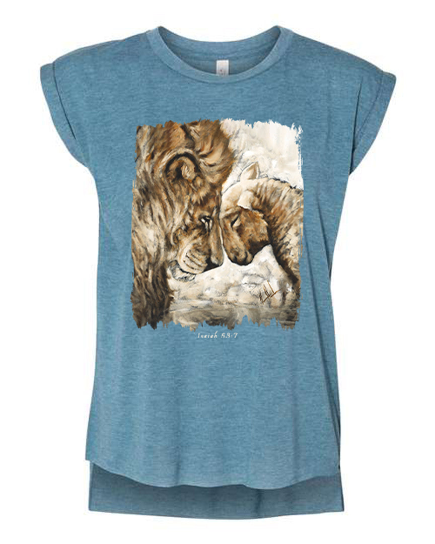 Compassion of a King (White) - Ladies Rolled Sleeve Muscle T-Shirt Vanessa Horabuena Heather Teal Small