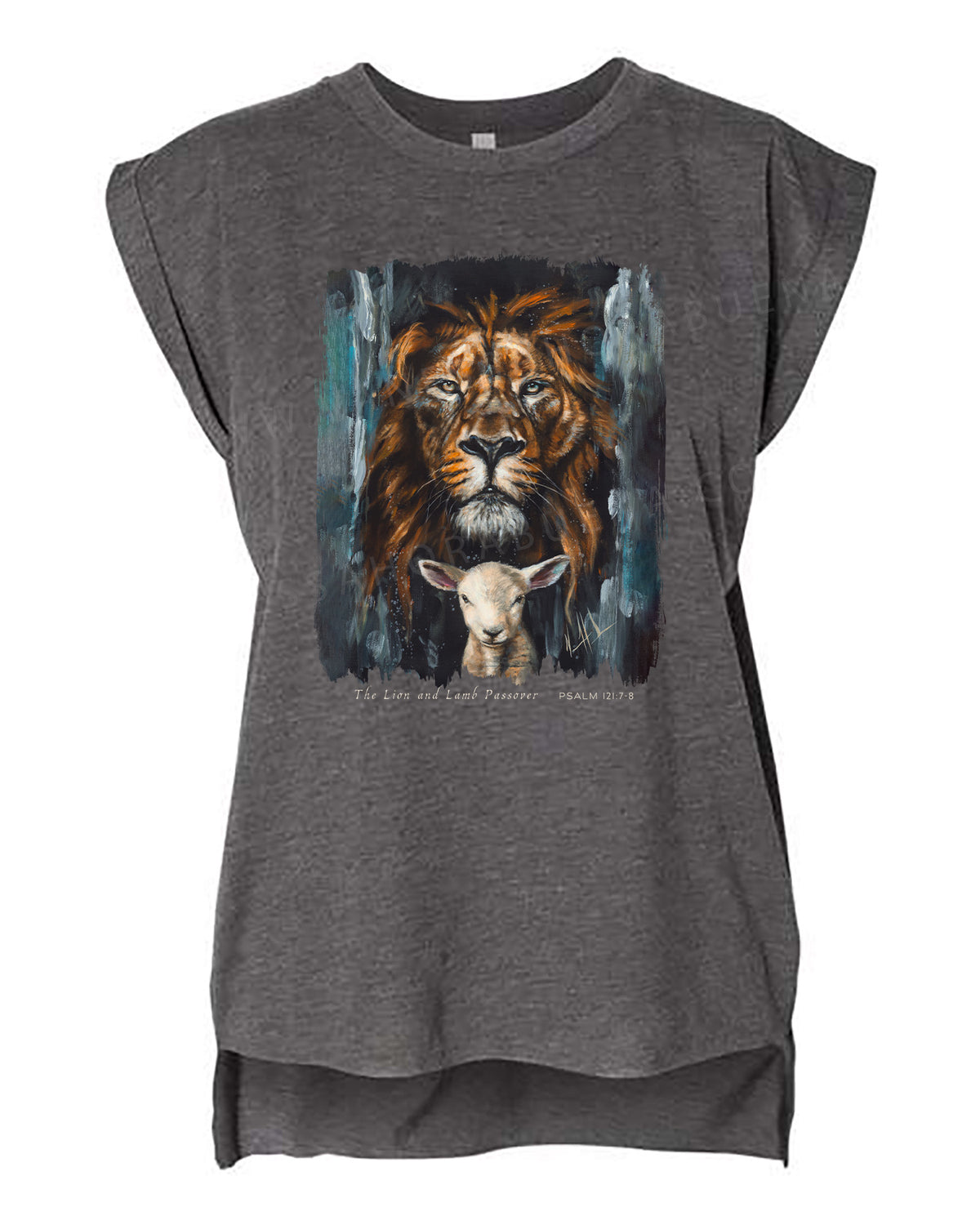 The Lion and Lamb Passover - Ladies Rolled Sleeve Muscle T-Shirt Vanessa Horabuena Dark Grey Heather Small