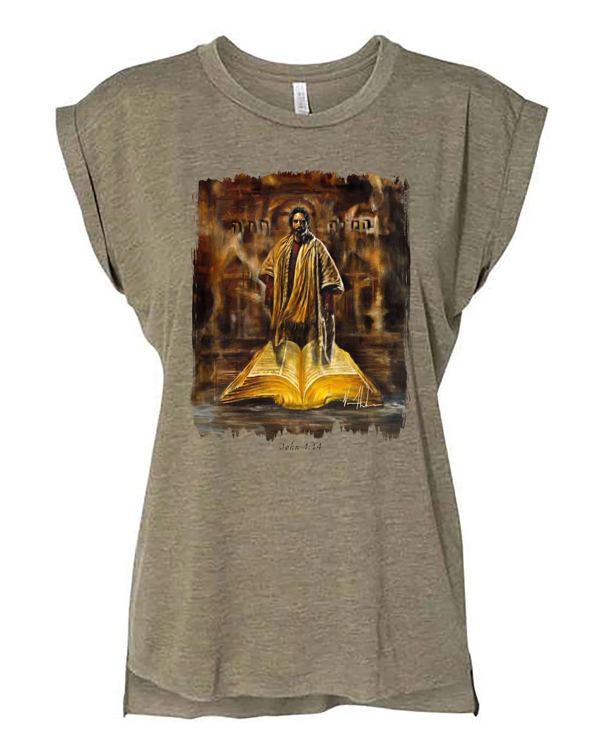 The Living Word - Ladies Rolled Sleeve Muscle T-Shirt Vanessa Horabuena Olive Small