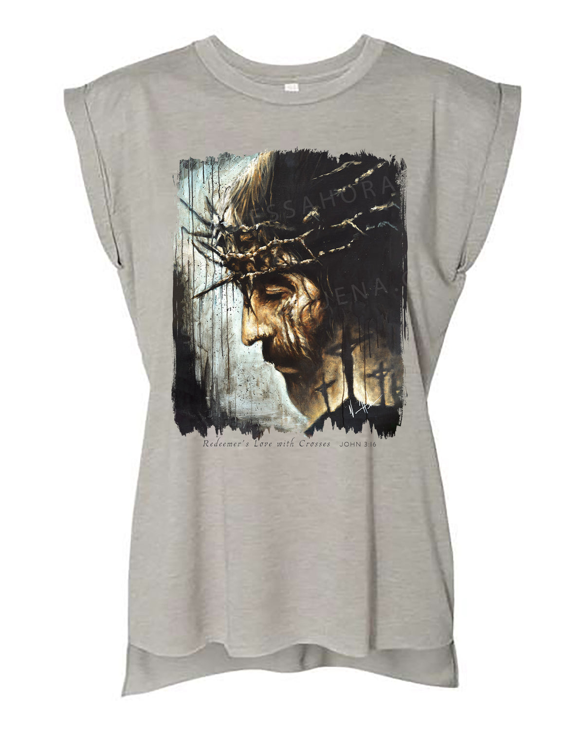 Redeemer's Love with Crosses - Ladies Rolled Sleeve Muscle T-Shirt