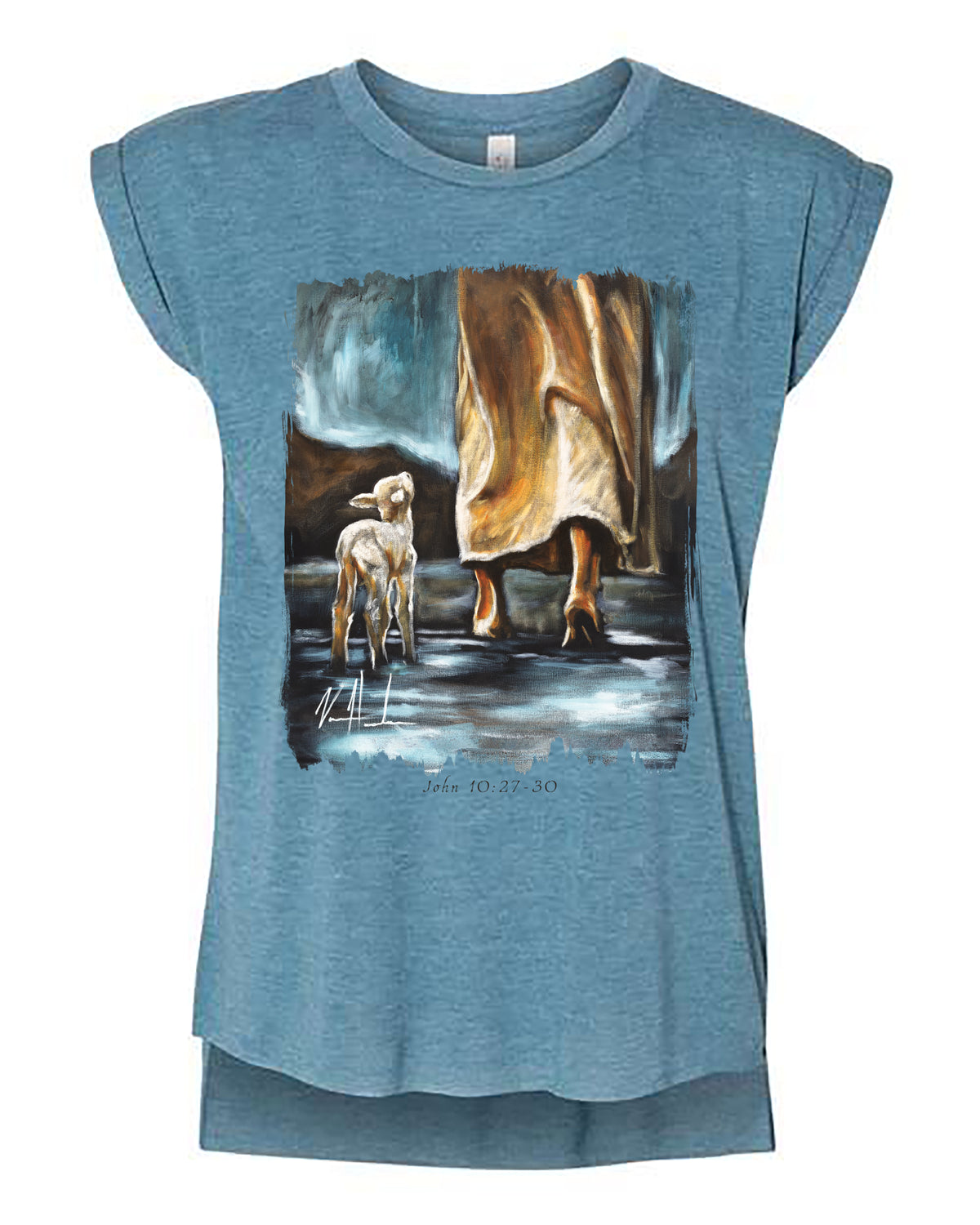 My Sheep Listen to My Voice - Ladies Rolled Sleeve Muscle T-Shirt Vanessa Horabuena Heather Teal Small