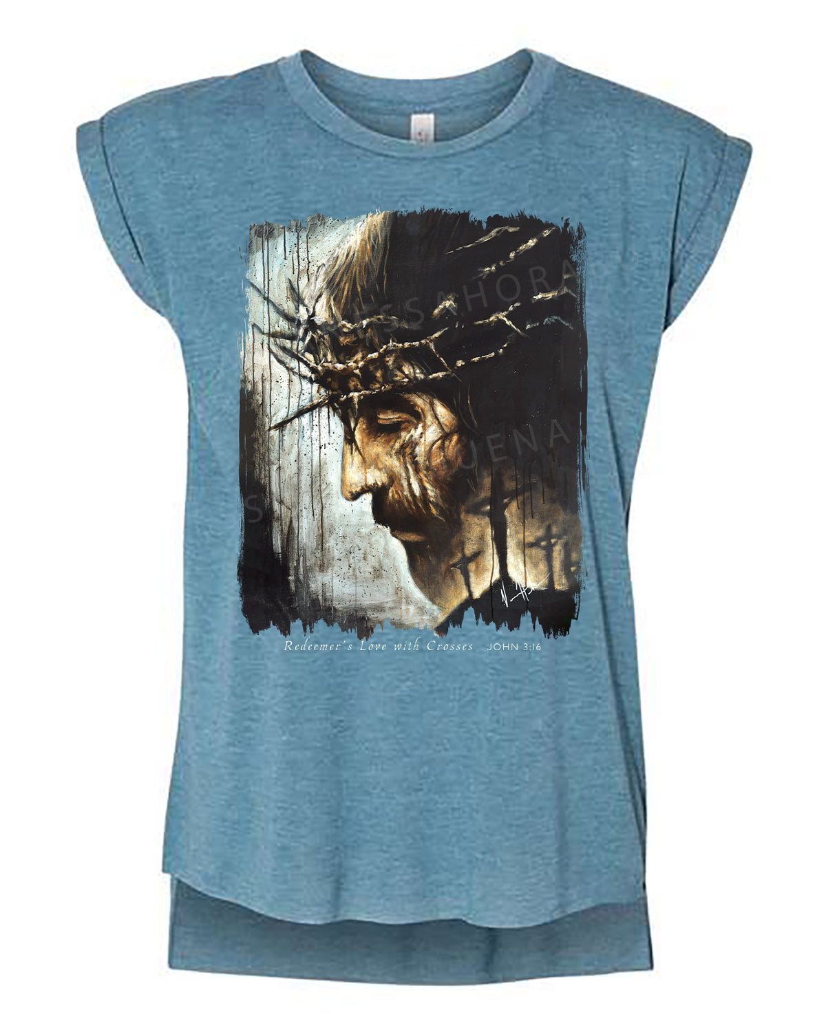 Redeemer's Love with Crosses - Ladies Rolled Sleeve Muscle T-Shirt