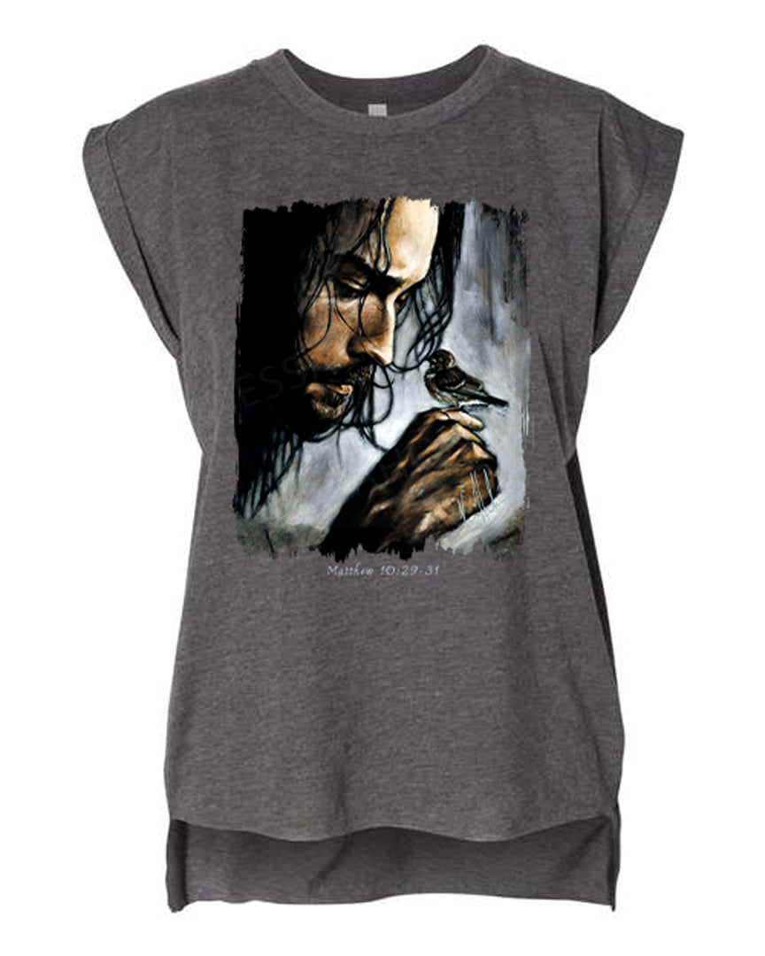 Watcher of the Sparrow - Ladies Rolled Sleeve Muscle T-Shirt Vanessa Horabuena Dark Grey Heather Small