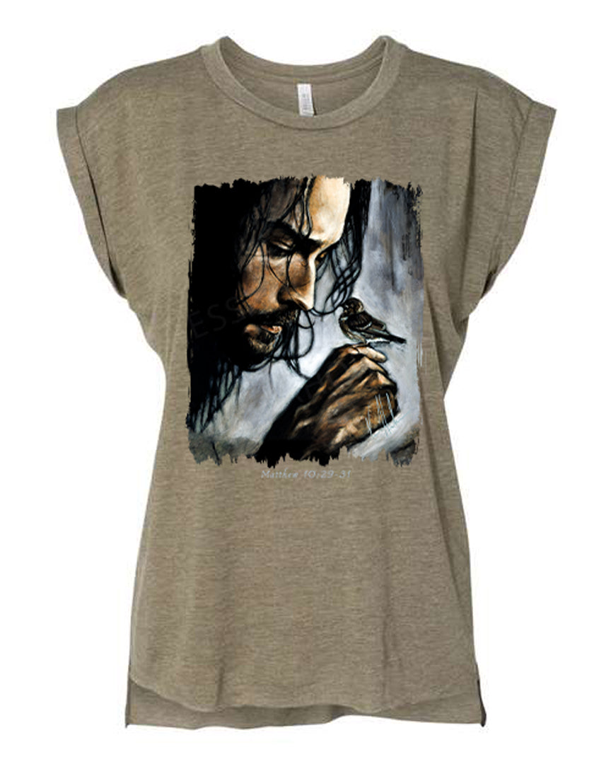 Watcher of the Sparrow - Ladies Rolled Sleeve Muscle T-Shirt