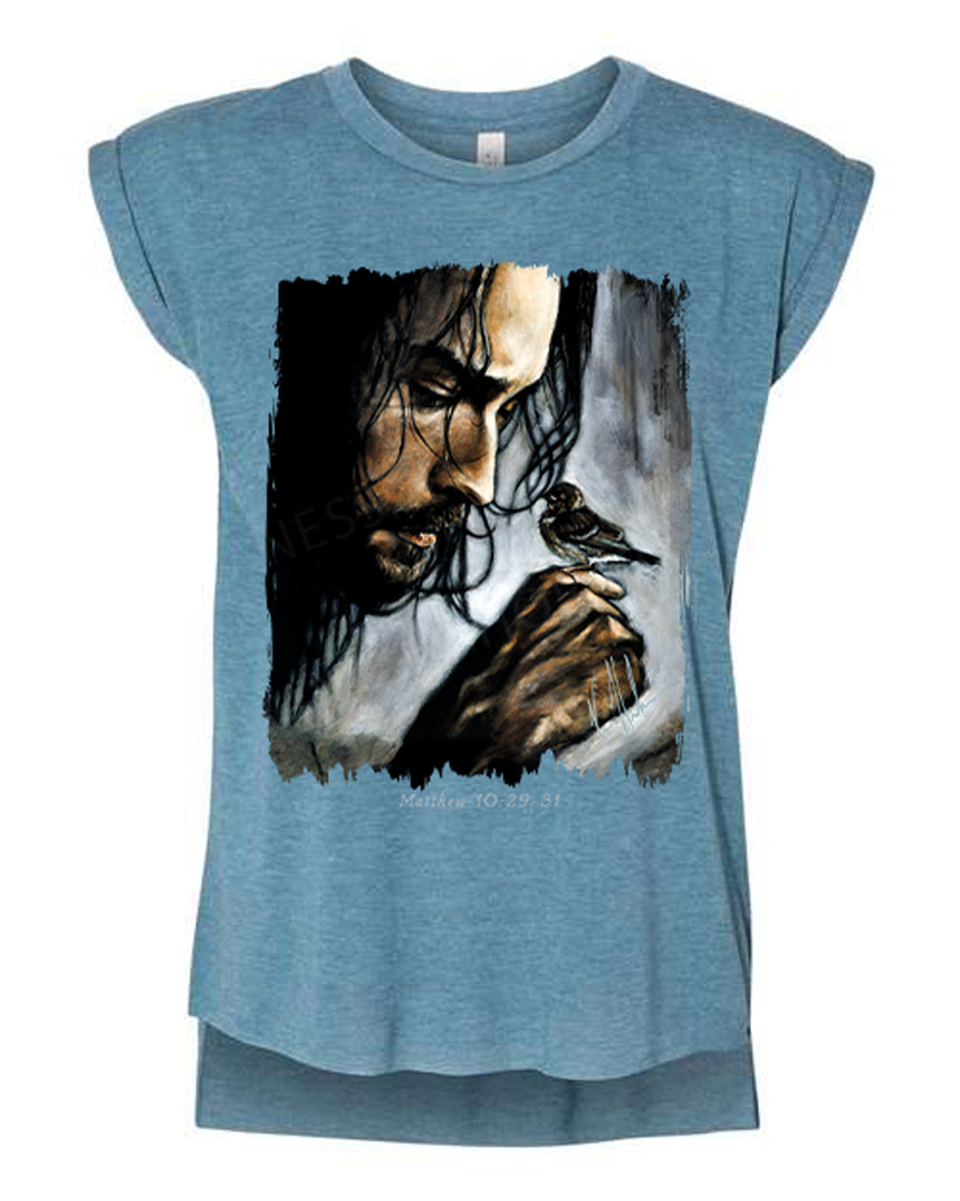 Watcher of the Sparrow - Ladies Rolled Sleeve Muscle T-Shirt