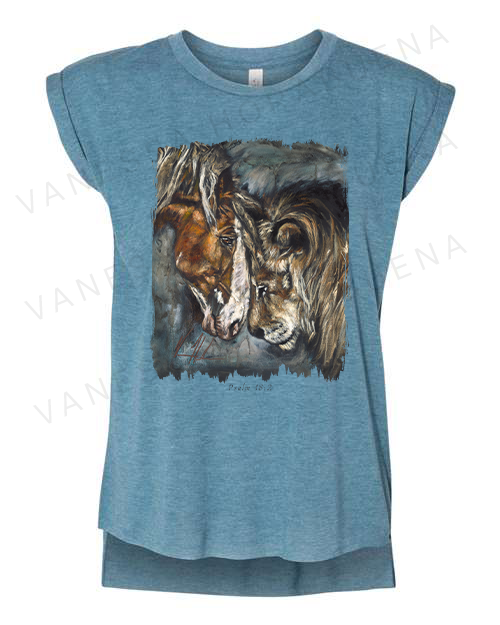 Courage & Strength - Ladies Rolled Sleeve Muscle T-Shirt Vanessa Horabuena Heather Teal Small