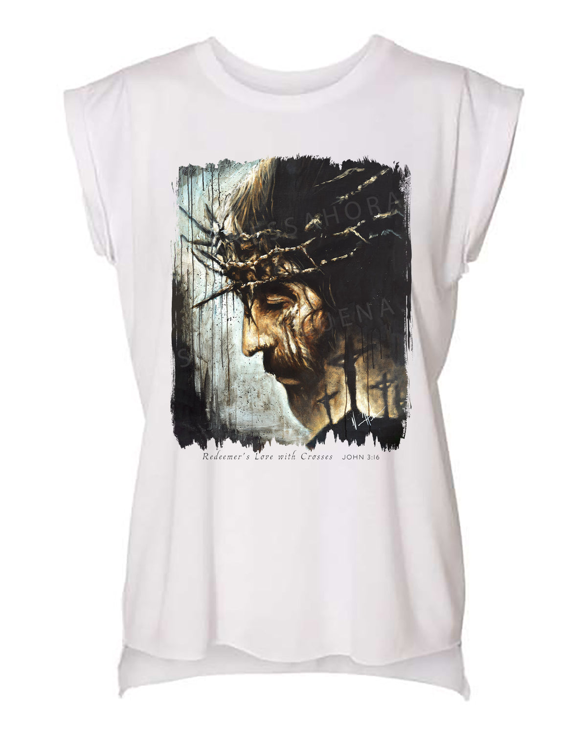 Redeemer's Love with Crosses - Ladies Rolled Sleeve Muscle T-Shirt